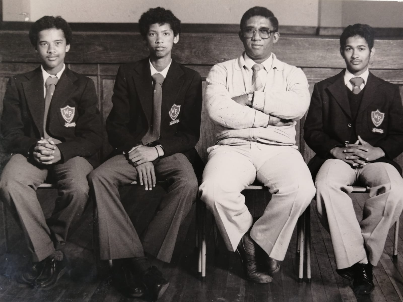 Andrew Talmarkes, Shaun Willenberg seated with Mr Pitt (of Spes Bona High) and Jeremy Lewis